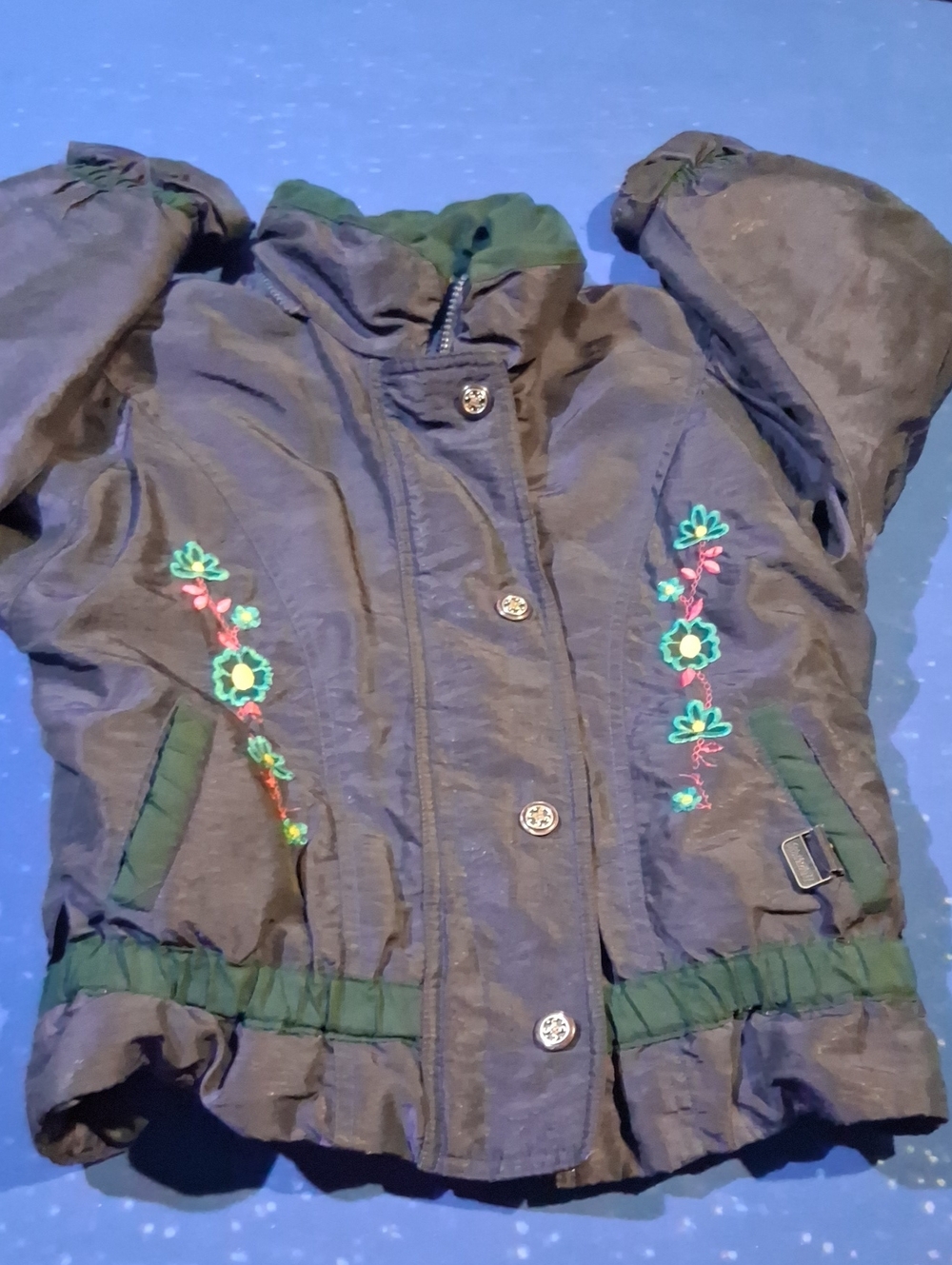 Rothschild Gray Puffer Jacket with Green Trim and Floral Embroidery